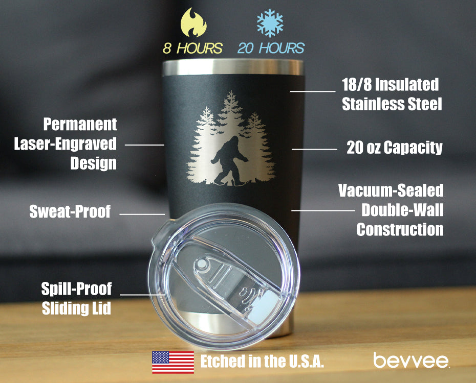 Bigfoot - Insulated Coffee Tumbler Cup with Sliding Lid - Stainless Steel Insulated Mug - Funny Bigfoot Gifts for Sasquatch Enthusiasts